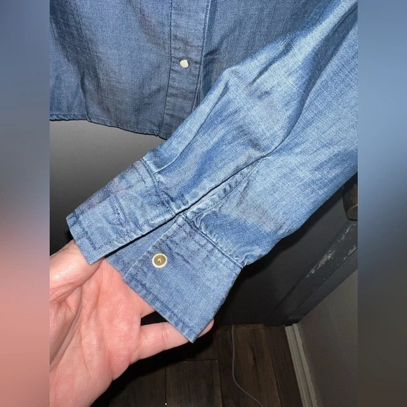 K/LAB chambray button down shirt with embroidered accent in red. Open back! - Picture 5 of 8